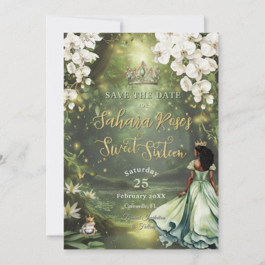 Enchanting Princess & Frog Green Dress Sweet 16 Save The Date (Voorkant)