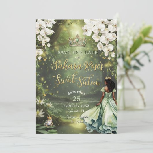 Enchanting Princess & Frog Green Dress Sweet 16 Save The Date (Staand voorkant)