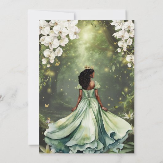 Enchanting Princess & Frog Green Dress Sweet 16 Save The Date (Achterkant)