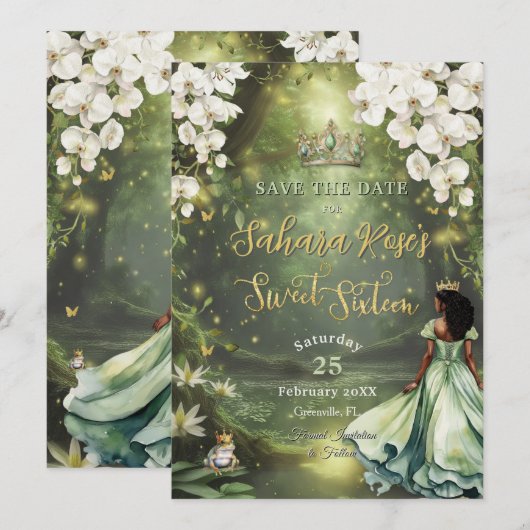 Enchanting Princess & Frog Green Dress Sweet 16 Save The Date (Voorkant / Achterkant)