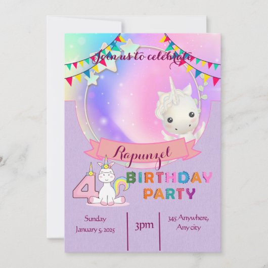 Enchanting Unicorn - Uitnodiging voor het 4e verja (Voorkant)