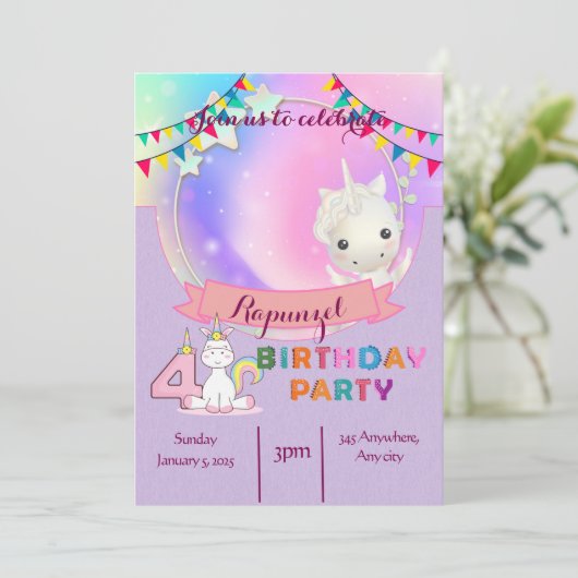 Enchanting Unicorn - Uitnodiging voor het 4e verja (Staand voorkant)