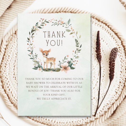 Enchanting Woodland Deer Baby Shower Bedankkaart