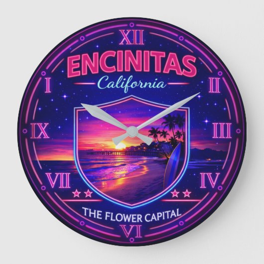 Encinitas California Coastal Sunset Neon Grote Klok (Voorkant)