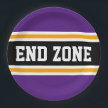 END ZONE Vetgedrukte Paarse Gele Zwarte Football S Papieren Bordje<br><div class="desc">Dit sportieve,  atletische ontwerp is voorzien van gedurfde END ZONE tekst in een gemarkeerde brede zwarte streep met dubbele witte en gele racestrepen tegen koninklijke paarse buitenstrepen. De tekst in dit ontwerp kan worden gepersonaliseerd.</div>