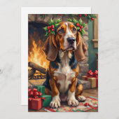 Endearing Basset Hound Dog with Christmas Wreath Feestdagenkaart (Voorkant / Achterkant)