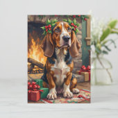 Endearing Basset Hound Dog with Christmas Wreath Feestdagenkaart (Staand voorkant)