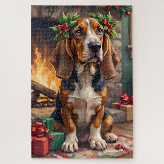 Endearing Basset Hound Dog with Christmas Wreath Legpuzzel (Verticaal)