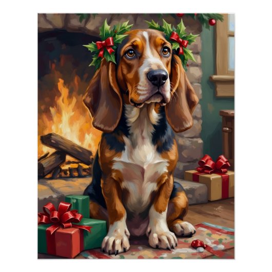 Endearing Basset Hound Dog with Christmas Wreath Perfect Poster (Voorkant)