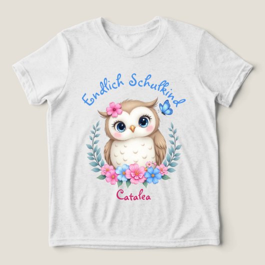 Endlich Schulkind - niedliche Eule mit Blumen Tri-Blend Shirt (Design voorkant)