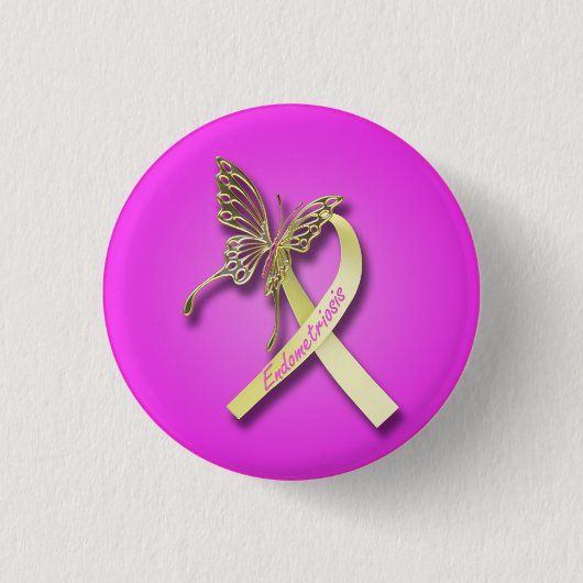 Endometriosis Ribbon with Gold Butterfly Ronde Button 3,2 Cm (Voorkant)