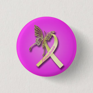 Endometriosis Ribbon with Gold Butterfly Ronde Button 3,2 Cm