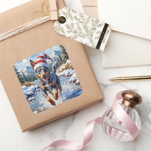 Energetic Blue Heeler Dog Winter Creek Christmas Vierkante Sticker (Geschenken)