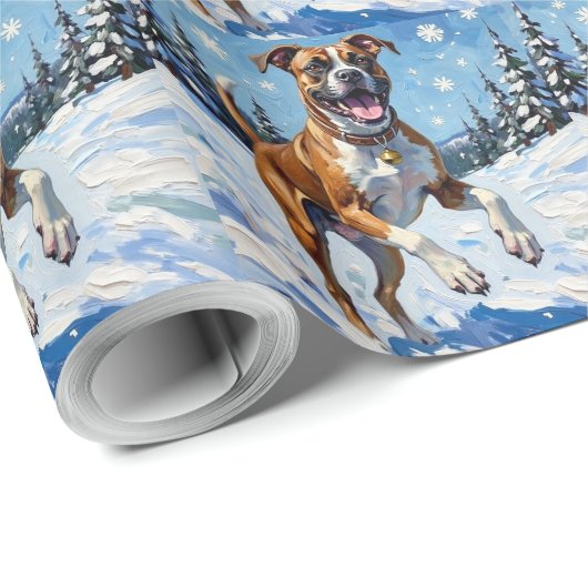 Energetic Boxer Dog Leaping in Winter Snow Fun Cadeaupapier (Rol Hoek)