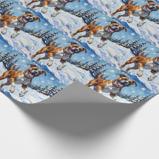 Energetic Boxer Dog Leaping in Winter Snow Fun Cadeaupapier (Hoek)