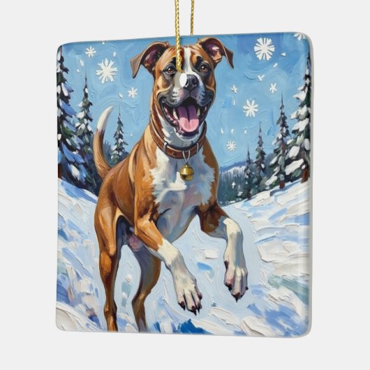 Energetic Boxer Dog Leaping in Winter Snow Fun Keramisch Ornament (Links)