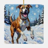 Energetic Boxer Dog Leaping in Winter Snow Fun Keramisch Ornament (Achterkant)