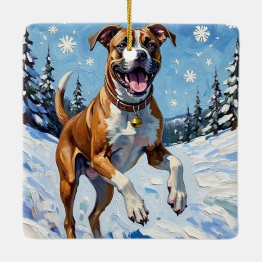 Energetic Boxer Dog Leaping in Winter Snow Fun Keramisch Ornament (Achterkant)