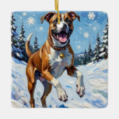Energetic Boxer Dog Leaping in Winter Snow Fun Keramisch Ornament (Voorkant)