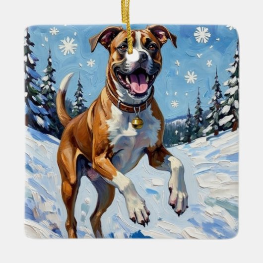 Energetic Boxer Dog Leaping in Winter Snow Fun Keramisch Ornament (Voorkant)