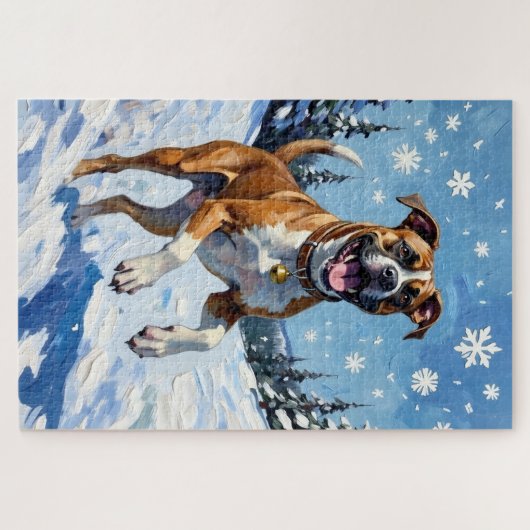 Energetic Boxer Dog Leaping in Winter Snow Fun Legpuzzel (Horizontaal)