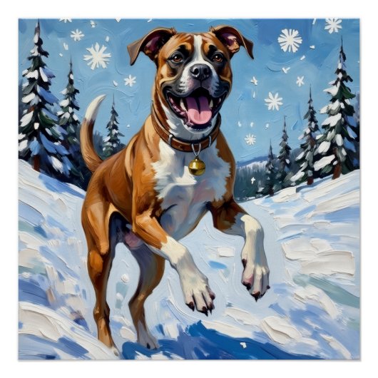 Energetic Boxer Dog Leaping in Winter Snow Fun Perfect Poster (Voorkant)