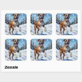 Energetic Boxer Dog Leaping in Winter Snow Fun Vierkante Sticker (Vel)