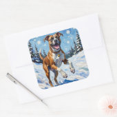 Energetic Boxer Dog Leaping in Winter Snow Fun Vierkante Sticker (Envelop)