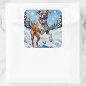 Energetic Boxer Dog Leaping in Winter Snow Fun Vierkante Sticker (Tas)
