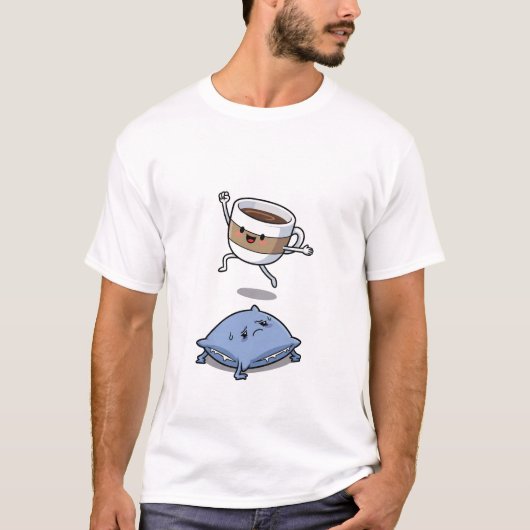 Energetic Cartoon Coffee Cup Jumping Over T-shirt (Voorkant)