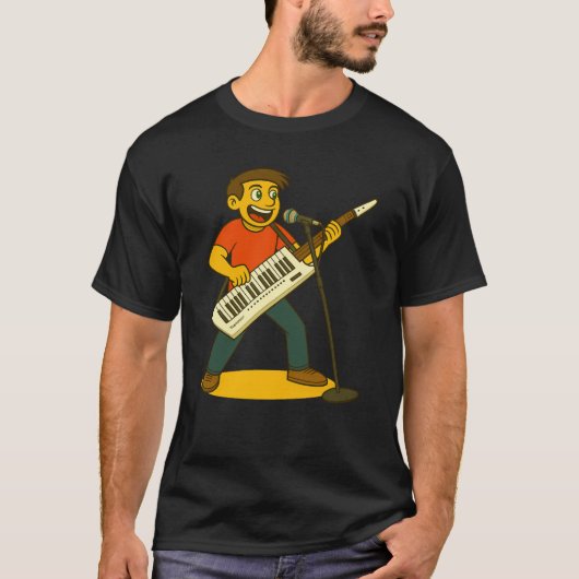 Energetic man singing and paying keytar t-shirt (Voorkant)