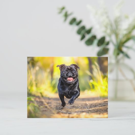 Energetic Pug Running Through Forest Briefkaart (Staand voorkant)