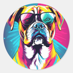 Energetische Boxer Dog Met Zonnebril Pop Art Ronde Sticker