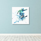 Energetische skiër in een blauw jasje – Spannende  Canvas Afdruk (Insitu (Houten vloer))