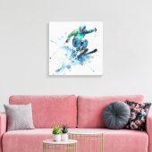 Energetische skiër in een blauw jasje – Spannende  Canvas Afdruk (Insitu (Woonkamer))