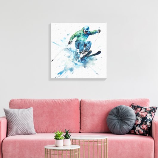 Energetische skiër in een blauw jasje – Spannende  Canvas Afdruk (Insitu (Woonkamer))