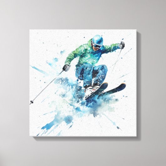 Energetische skiër in een blauw jasje – Spannende  Canvas Afdruk (Voorkant)