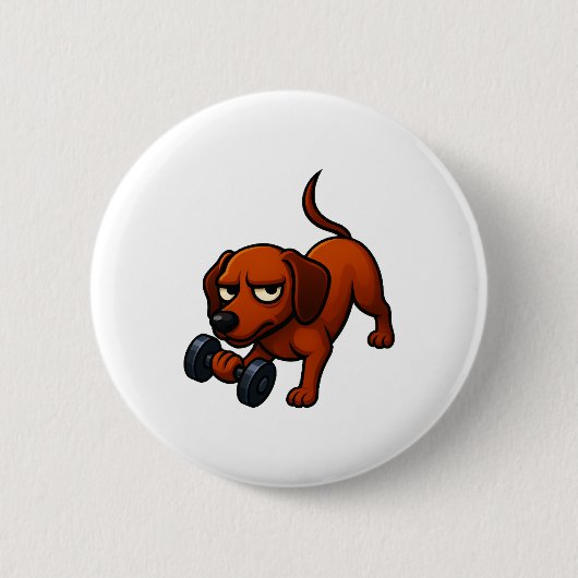 Energetische teckel dumbbell comic motivatie ronde button 5,7 cm (Voorkant)