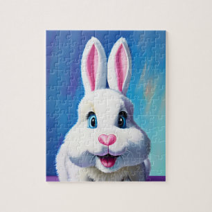 Energetische witte konijn met blauwe ogen leuk por legpuzzel