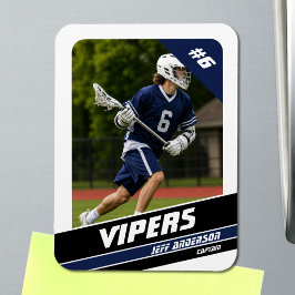 Energieke Blauwe Witte Lacrosse Speler Foto Magneet