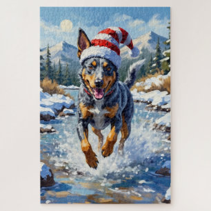Energieke Blue Heeler-hond Winter Creek Kerstmis Legpuzzel