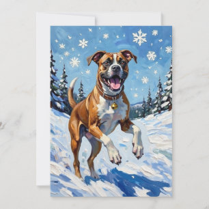 Energieke Boxerhond Springt in Winter Sneeuw Pret Feestdagenkaart