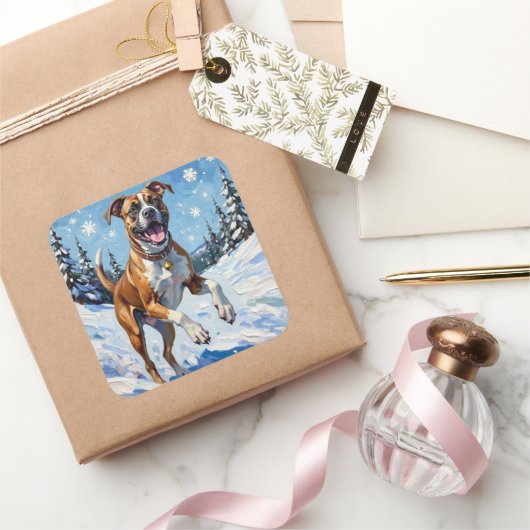 Energieke Boxerhond Springt in Winter Sneeuw Pret Vierkante Sticker (Geschenken)