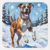 Energieke Boxerhond Springt in Winter Sneeuw Pret Vierkante Sticker (Voorkant)