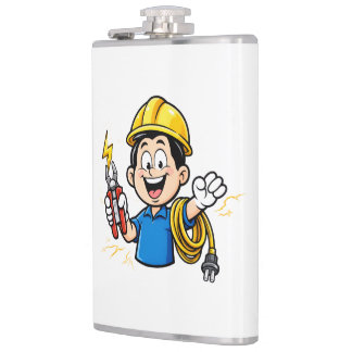 Energieke elektricien mascotte bliksem cartoon kun heupfles