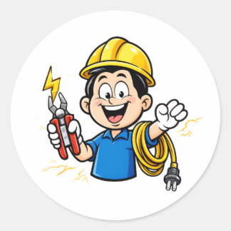 Energieke elektricien mascotte bliksem cartoon kun ronde sticker