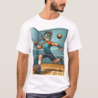 Energieke man die racketbal speelt t-shirt