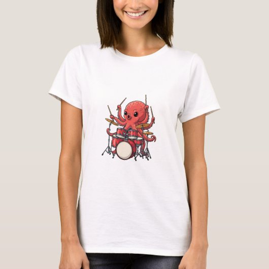 Energieke Rode Octopus Drummer Multitasking T-shirt (Voorkant)