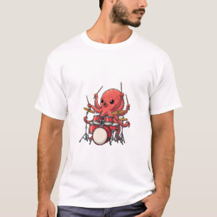 Energieke Rode Octopusdrummer Multitasking T-shirt