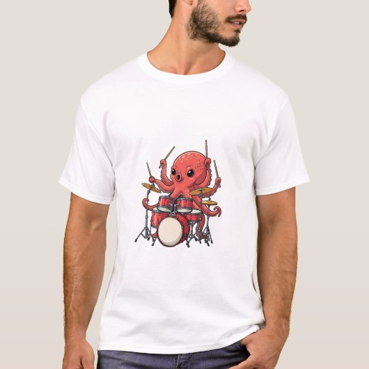Energieke Rode Octopusdrummer Multitasking T-shirt (Voorkant)
